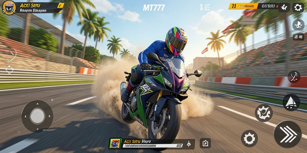 Screenshot gameplay menampilkan aksi balapan motor yang intens.