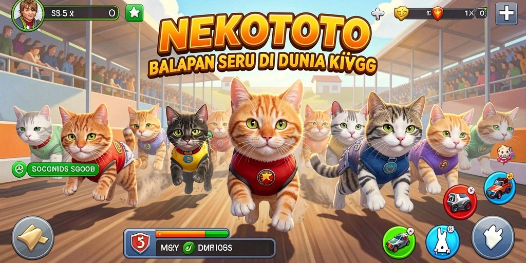 Gameplay seru NEKOTOTO dengan karakter kucing yang beraksi di lintasan balap.