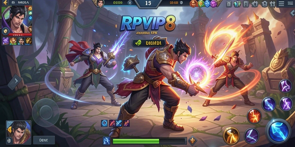 Tampilan pertempuran seru di arena MOBA RPVIP8.