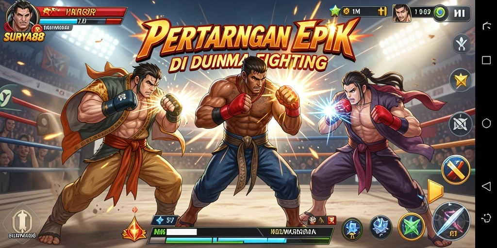 Tampilan gameplay SURYA88 dengan pertarungan yang seru dan karakter unik.